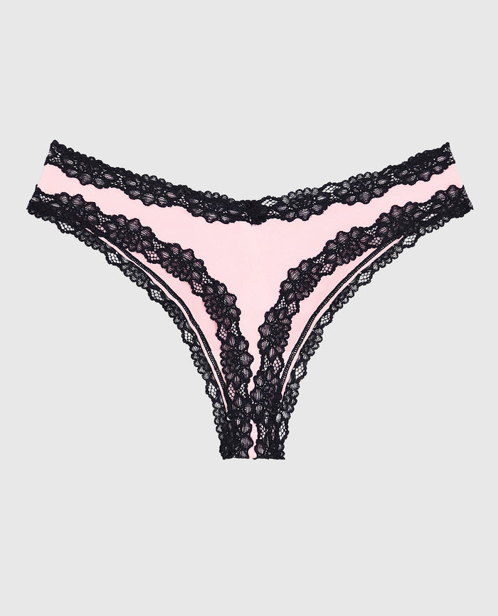 Thong Panty with Lace Trim in Pink-A-Boo