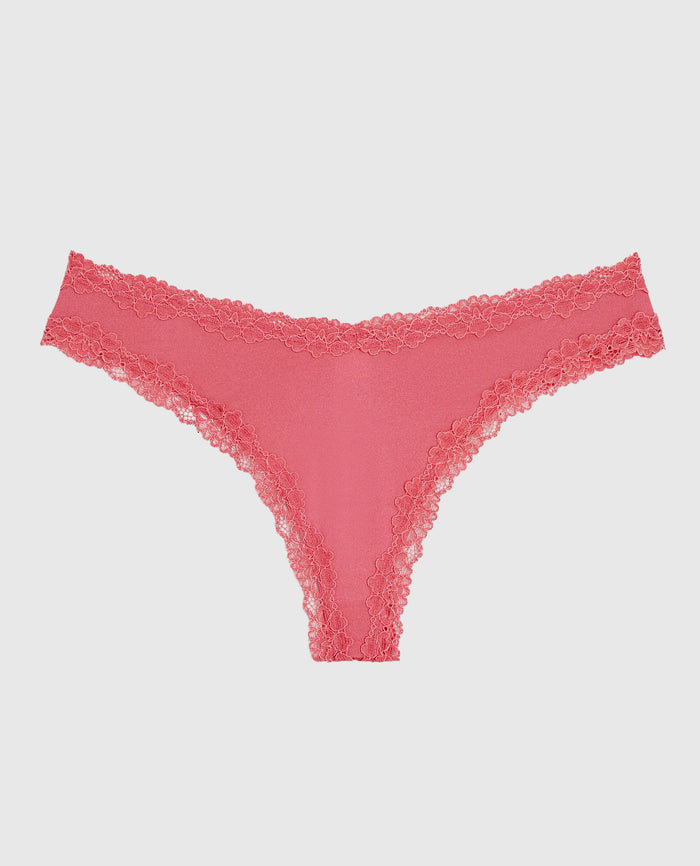 Thong Panty with Lace Trim in Romantic Pink