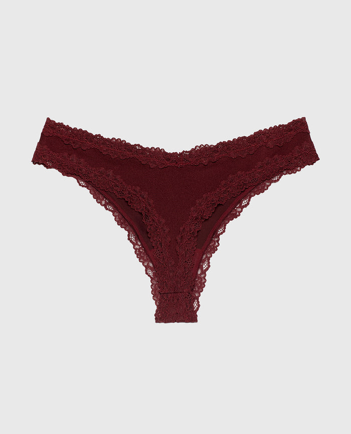Thong Panty With Lace Trim in Russian Ruby