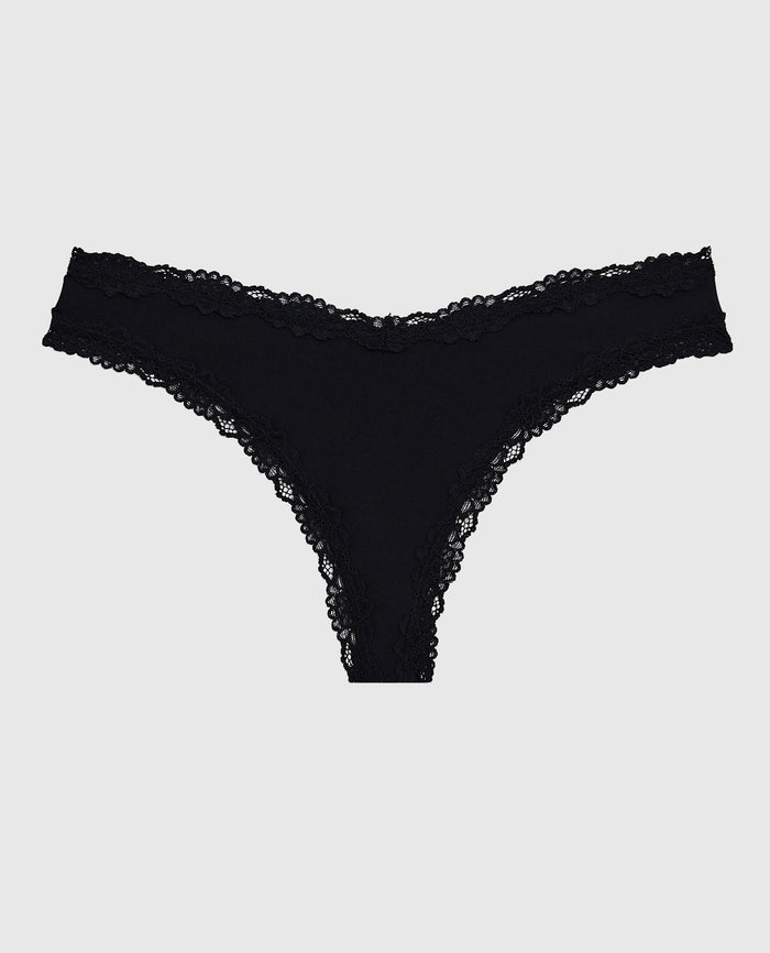 Thong Panty With Lace Trim in Tuxedo Black