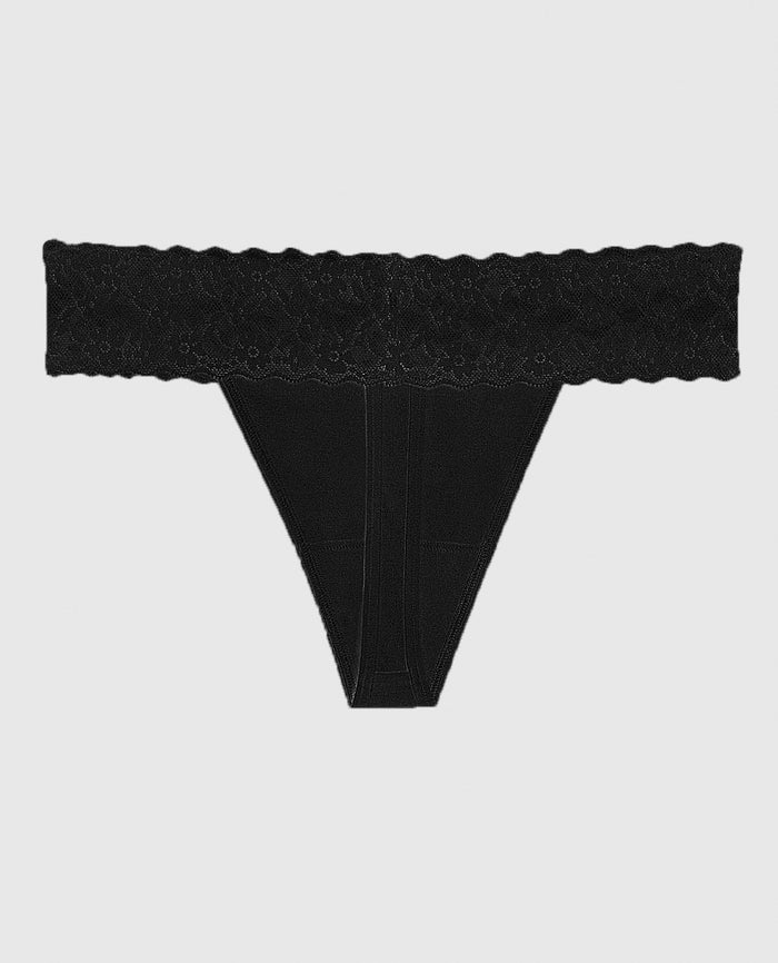 Thong Panty With Lace Trim in Tuxedo Black
