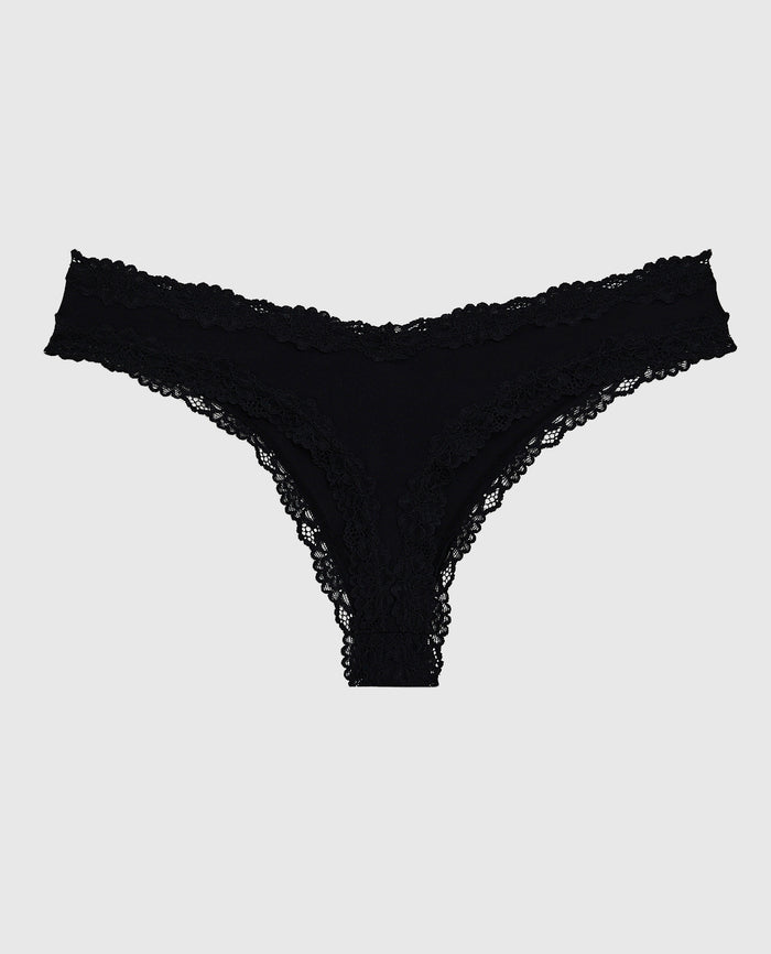 Thong Panty With Lace Trim in Tuxedo Black