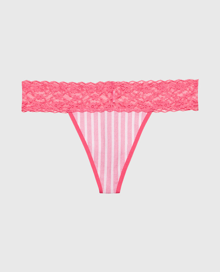 Thong Panty With Lace Trim in Wallpaper Stripe