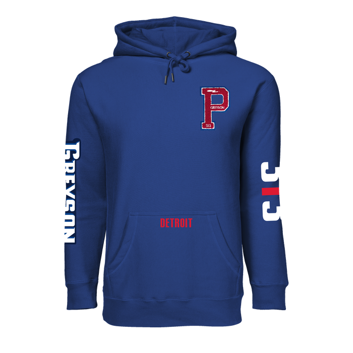 Royal Blue Throwback Detroit 313 Fireside Hoodie - Front View, Pistons P Patch & Sleeve Graphics | Greyson Clothiers