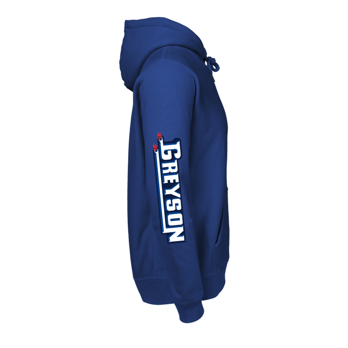 Royal Blue Detroit 313 Hoodie - Left Side View, Greyson Sleeve Wordmark Graphic | Greyson Clothiers
