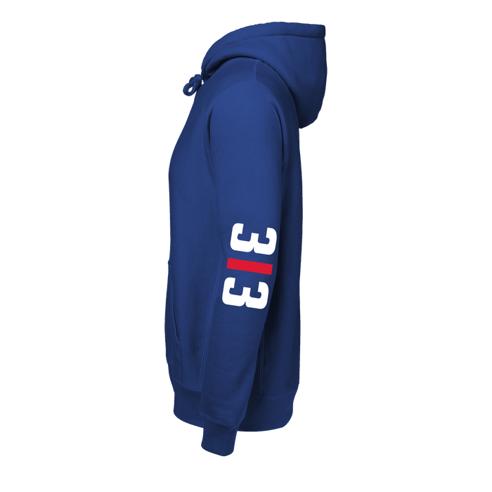Royal Blue Detroit 313 Hoodie - Right Side View, 313 Sleeve Graphic in White and Red | Greyson Clothiers