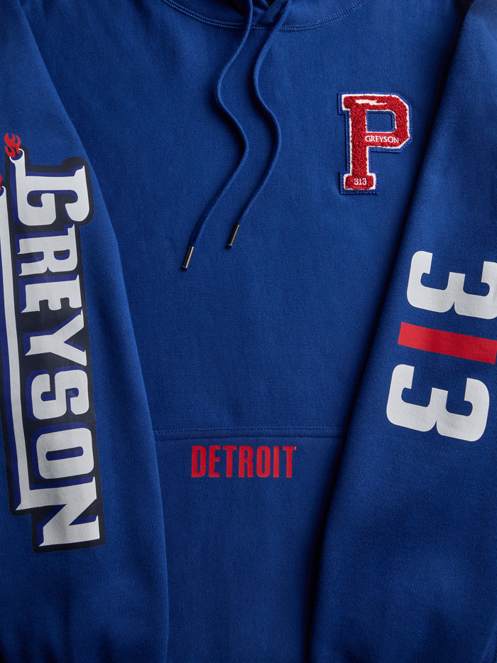 Detroit 313 Pistons Hoodie Flat Lay Detail - Chenille Patch, Greyson Sleeve & Detroit Kangaroo Pocket | Greyson Clothiers