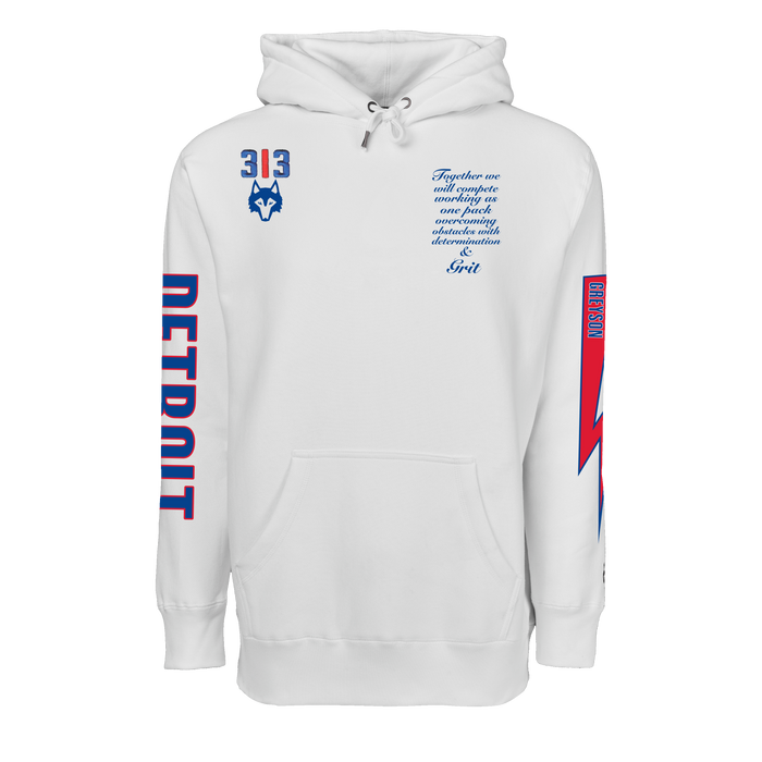 Arctic Throwback Detroit Fireside Hoodie - Front View, Detroit sleeve graphic & wolf logo | Greyson Clothiers