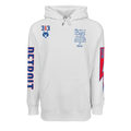 Arctic Throwback Detroit Fireside Hoodie - Front View, Detroit sleeve graphic & wolf logo | Greyson Clothiers