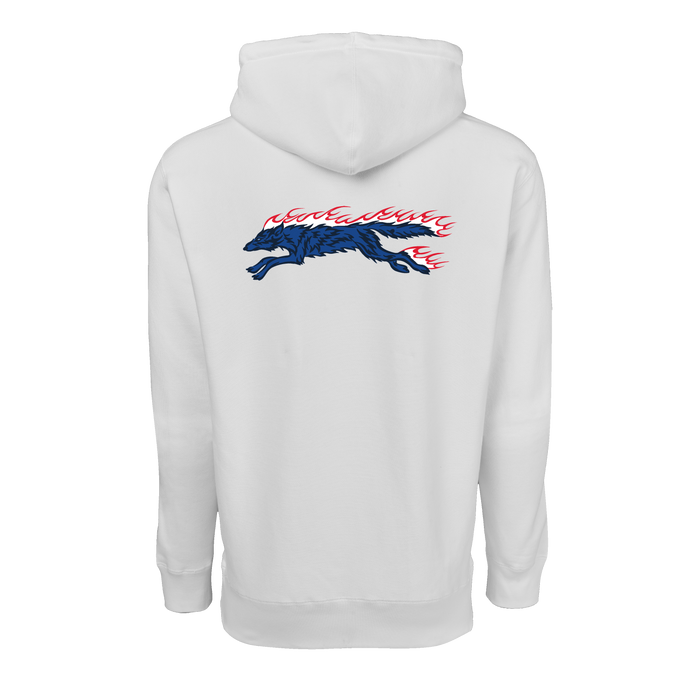 Arctic Throwback Detroit Fireside Hoodie - Back View, flaming wolf graphic | Greyson Clothiers
