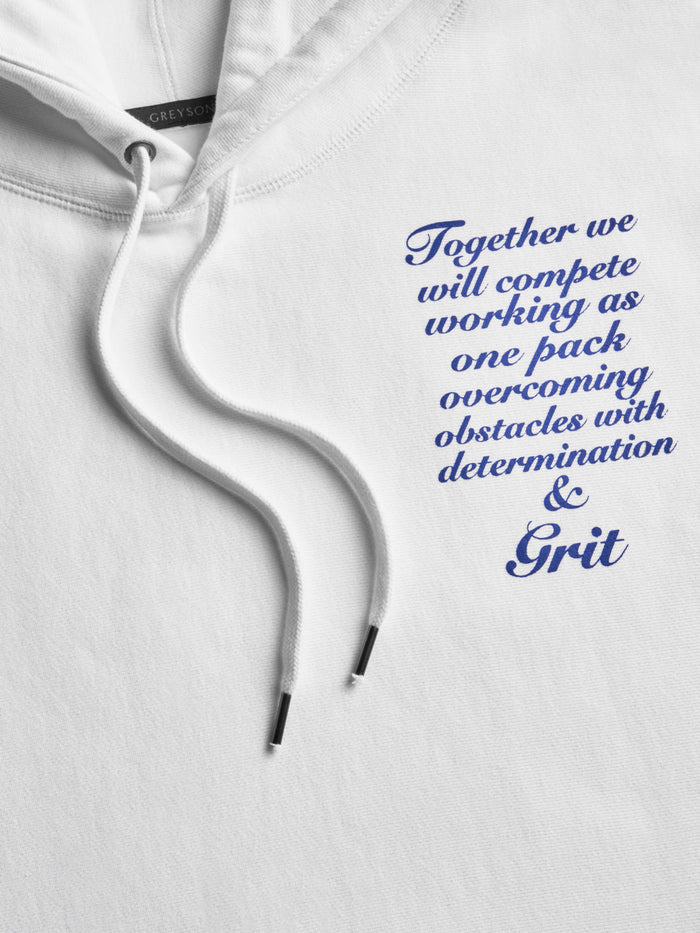 Throwback Detroit Fireside Hoodie - Chest Detail, Pack motto script print & drawcord | Greyson Clothiers