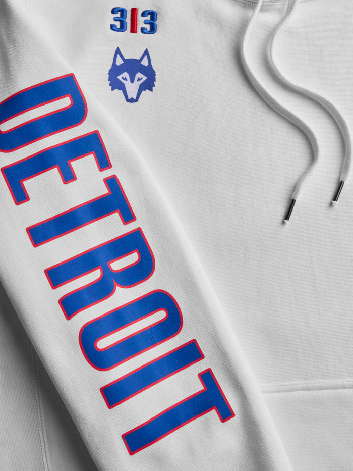 Throwback Detroit Fireside Hoodie - Sleeve Detail, Detroit lettering & 313 wolf head emblem | Greyson Clothiers