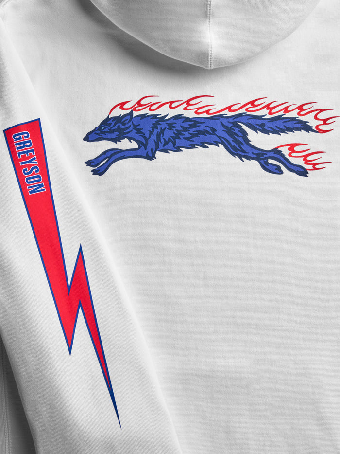 Throwback Detroit Fireside Hoodie - Back Detail, flaming wolf graphic & lightning bolt sleeve | Greyson Clothiers