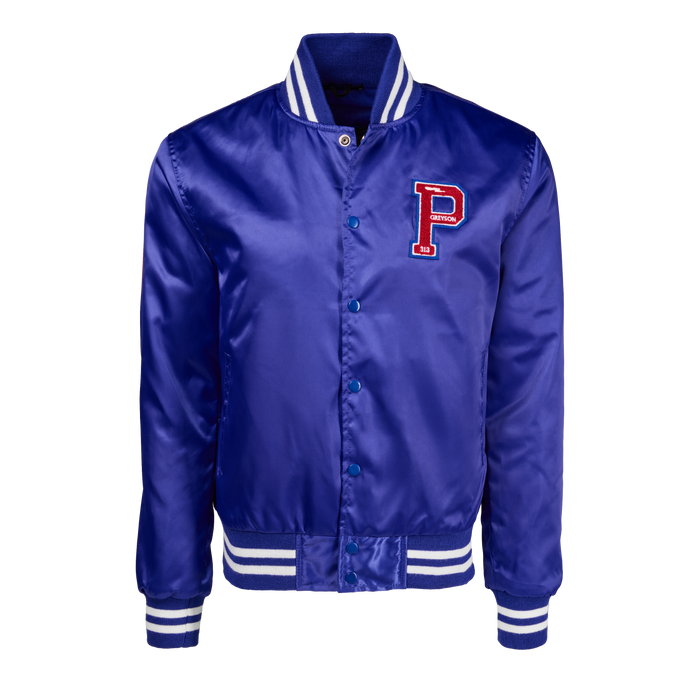 Royal Blue Satin Throwback Detroit Varsity Jacket - Front View with Pistons P Patch | Greyson Clothiers