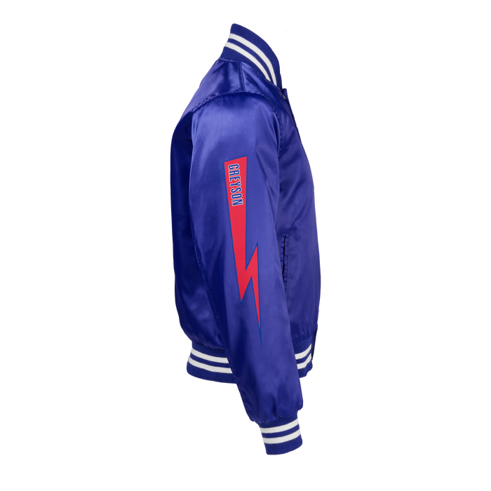 Royal Blue Satin Throwback Detroit Varsity Jacket - Side View with Red Lightning Bolt & Greyson Sleeve Graphic | Greyson Clothiers