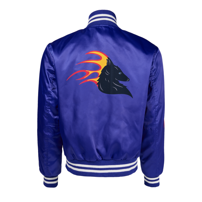 Royal Blue Satin Detroit Varsity Jacket - Back View with Flaming Wolf Graphic | Greyson Clothiers