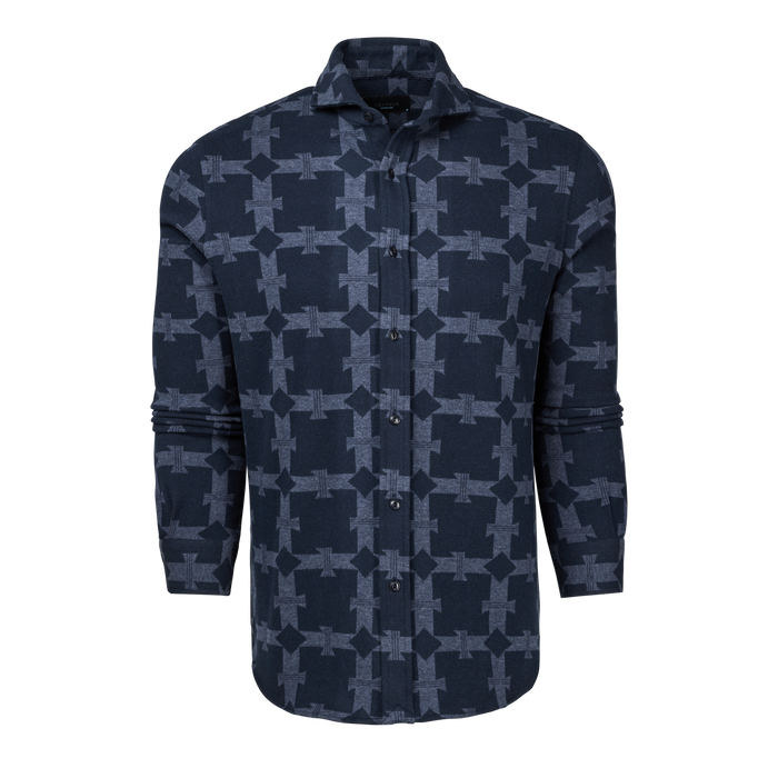 Maltese Blue Thunder Plaid Fleece Knit Shirt - Front View, Spread Collar | Greyson Clothiers