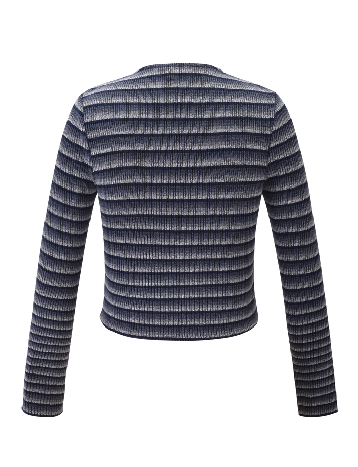 The TIMARA CARDIGAN - NAVY STRIP by TIGERMIST features long sleeves and ribbed navy fabric with horizontal white stripes, displayed from the back against a white background.