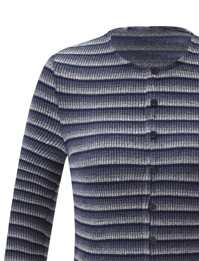 The TIMARA CARDIGAN - NAVY STRIP by TIGERMIST is a ribbed knit with mini buttons, featuring navy, white, and gray horizontal stripes crafted from space-dyed yarns.