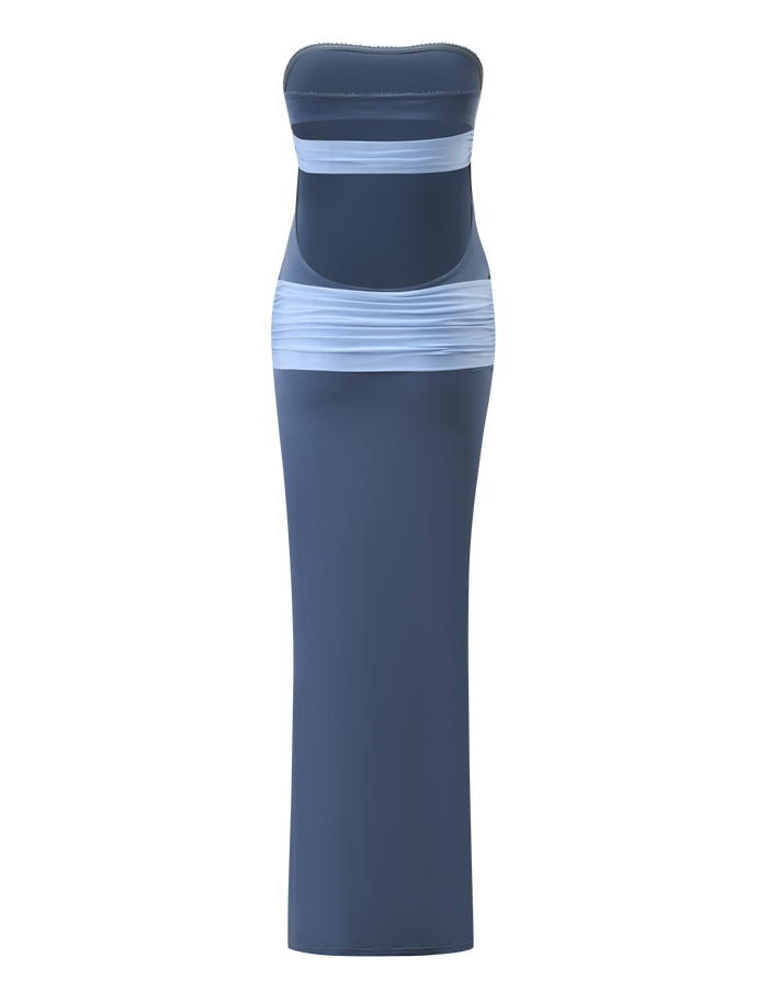 The TIGERMIST TOVE MAXI DRESS - BLUE is a strapless, floor-length dress with a fitted silhouette, featuring sheer light blue bands at the bust and hips.