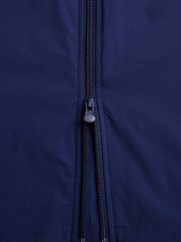 Greyson Trailwolf Vest Maltese Blue - Wolf-Embossed Full-Zip Hardware Close-Up | Greyson Clothiers