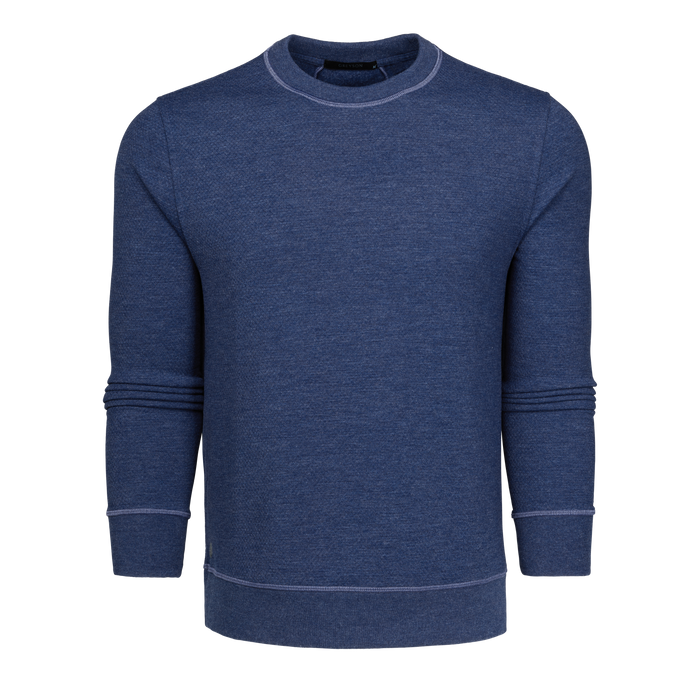 Vintage Indigo Heathered Fleece Troy Crewneck with Coverstitch Detail - Front View | Greyson Clothiers