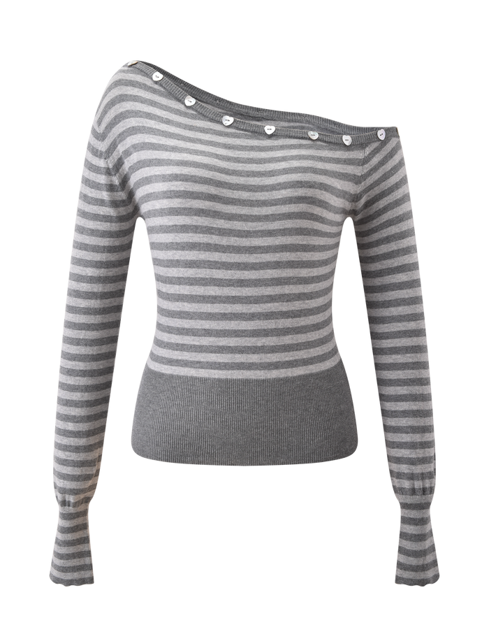 The TYLA JUMPER - GREY STRIPE by TIGERMIST is a gray and light gray striped, off-the-shoulder knit jumper with long sleeves, white decorative buttons on top, and ribbed cuffs and waistband.