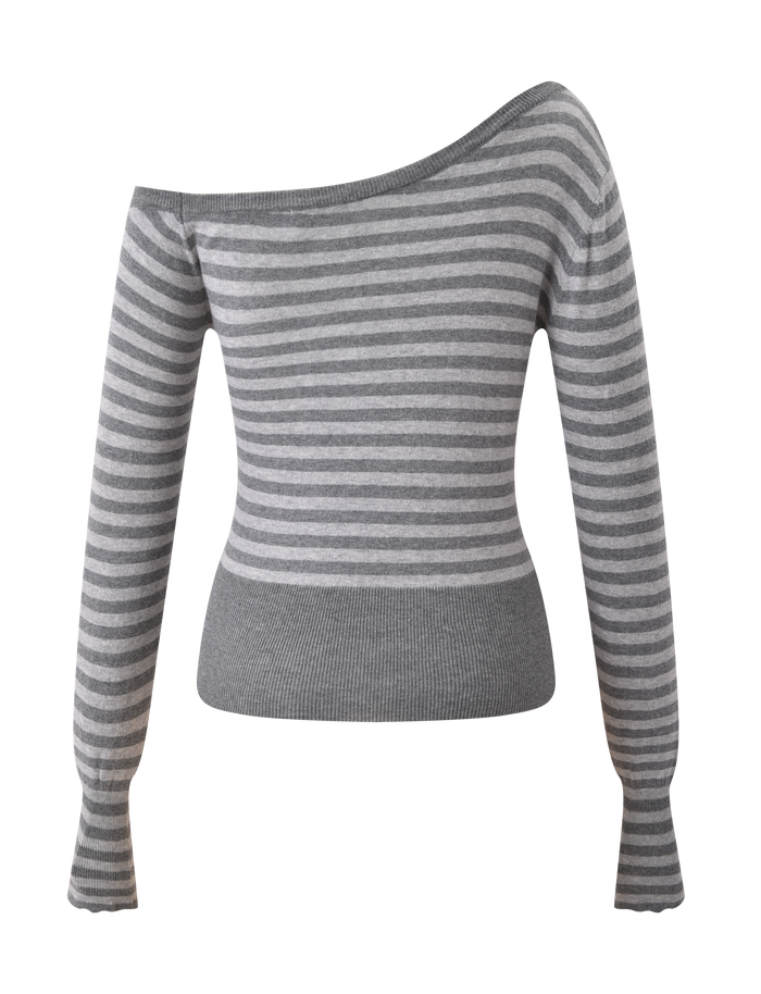 The TIGERMIST TYLA JUMPER - GREY STRIPE is a striped knit sweater with an asymmetrical off-shoulder neckline, fitted waist, and ribbed hem and cuffs for a trendy look.