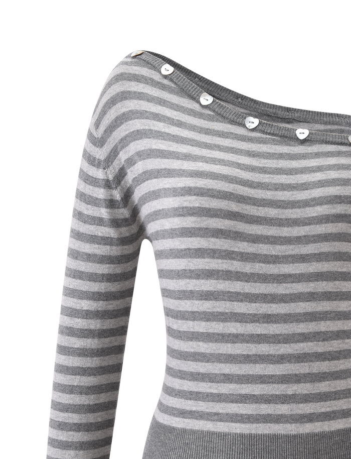 A close-up of the TIGERMIST TYLA JUMPER - GREY STRIPE, featuring gray and light gray stripes, long sleeves, and white buttons accenting its wide, asymmetrical neckline.