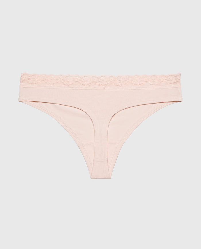 Ultrasoft Modal Cheeky Thong Panty with Lace Trim in Pearl Blush