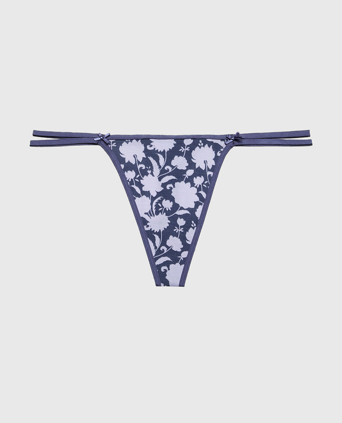 Ultrasoft String Side Thong Panty with Bow Detail in Blue Floral Silhouette