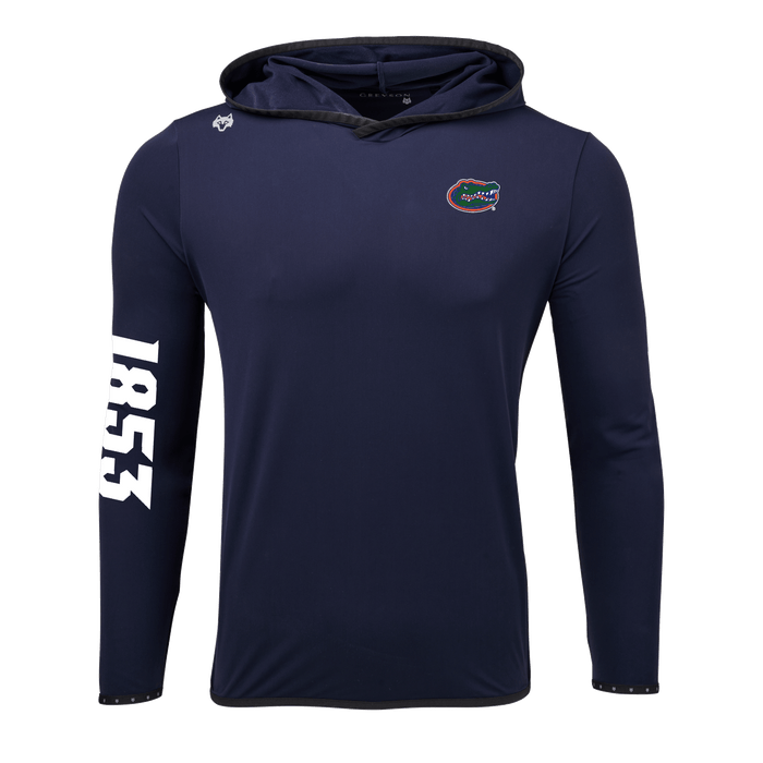 Greyson Clothiers University of Florida Colorado Hoodie in Maltese Blue - Front View with Gators Logo and 1853 Sleeve Graphic