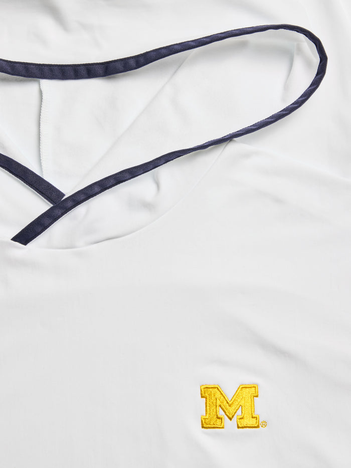 University of Michigan Colorado Hoodie - Embroidered Wolverines M Logo & Navy Hood Tipping Close-Up | Greyson Clothiers