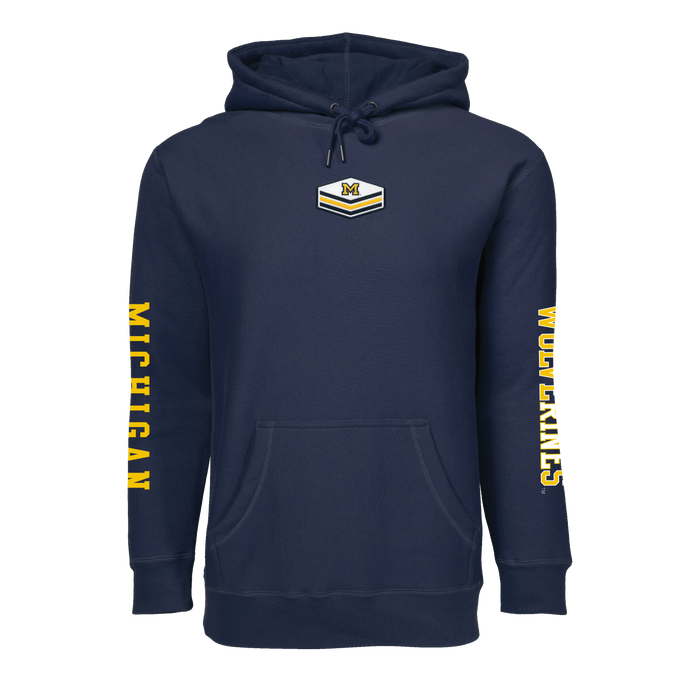 Greyson Clothiers U of M Fireside Hoodie in Maltese Blue - Front View, Michigan Wolverines sleeve graphics and chest badge