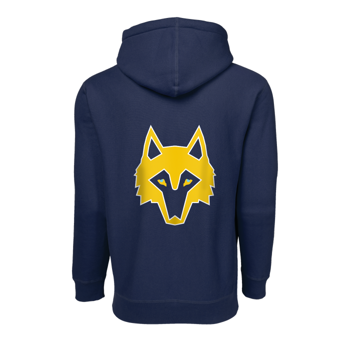 Greyson Clothiers U of M Fireside Hoodie - Back View, oversized gold Greyson wolf logo on Maltese Blue | Greyson Clothiers