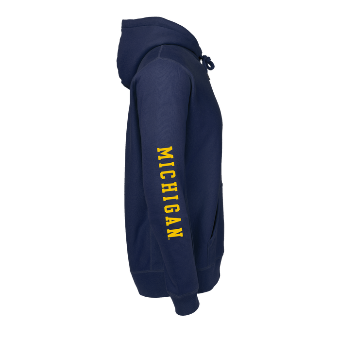 Greyson Michigan Fireside Hoodie - Side Profile, gold Michigan sleeve lettering on Maltese Blue heavyweight hoodie | Greyson Clothiers