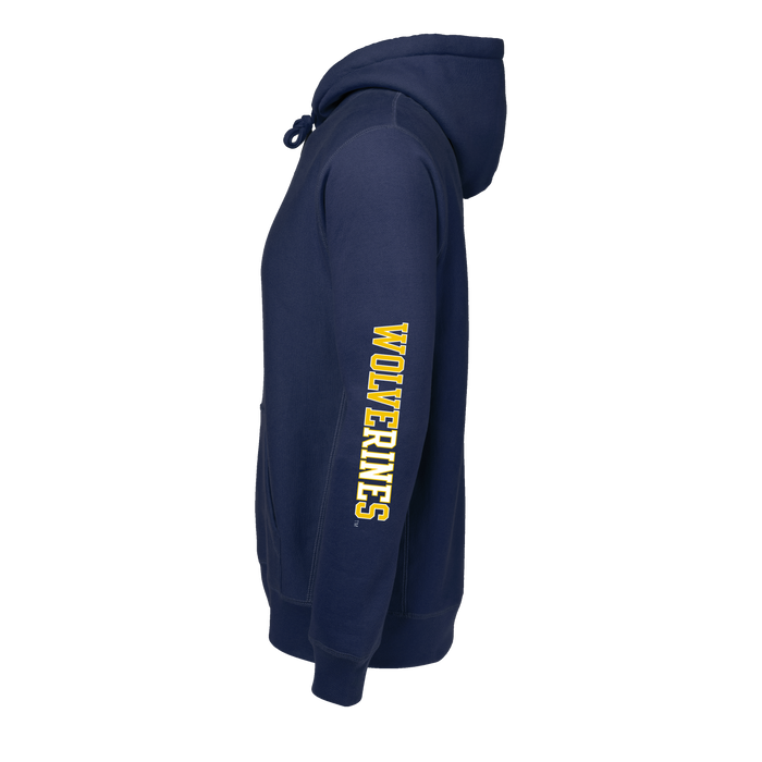 Greyson U of M Fireside Hoodie - Side Profile, gold Wolverines sleeve lettering detail in Maltese Blue | Greyson Clothiers