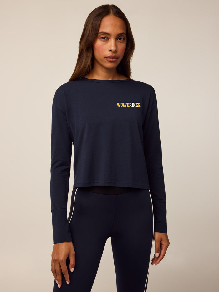 Maltese Blue Pima Cotton Michigan Wolverines Cropped Long Sleeve Sloane Top - On Model Front View | Greyson Clothiers