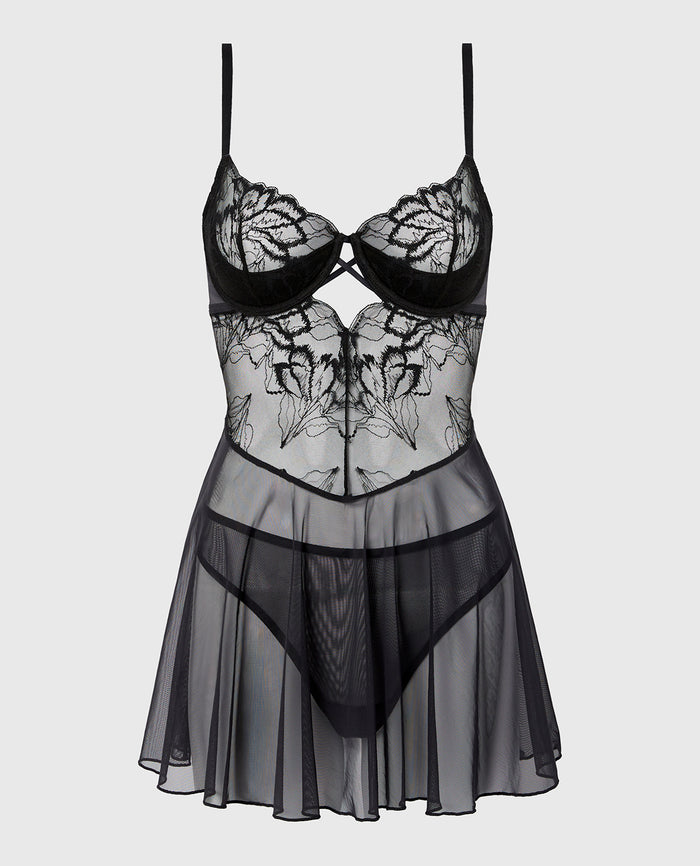 Unlined Balconette Babydoll with Lush Lace in Tuxedo Black