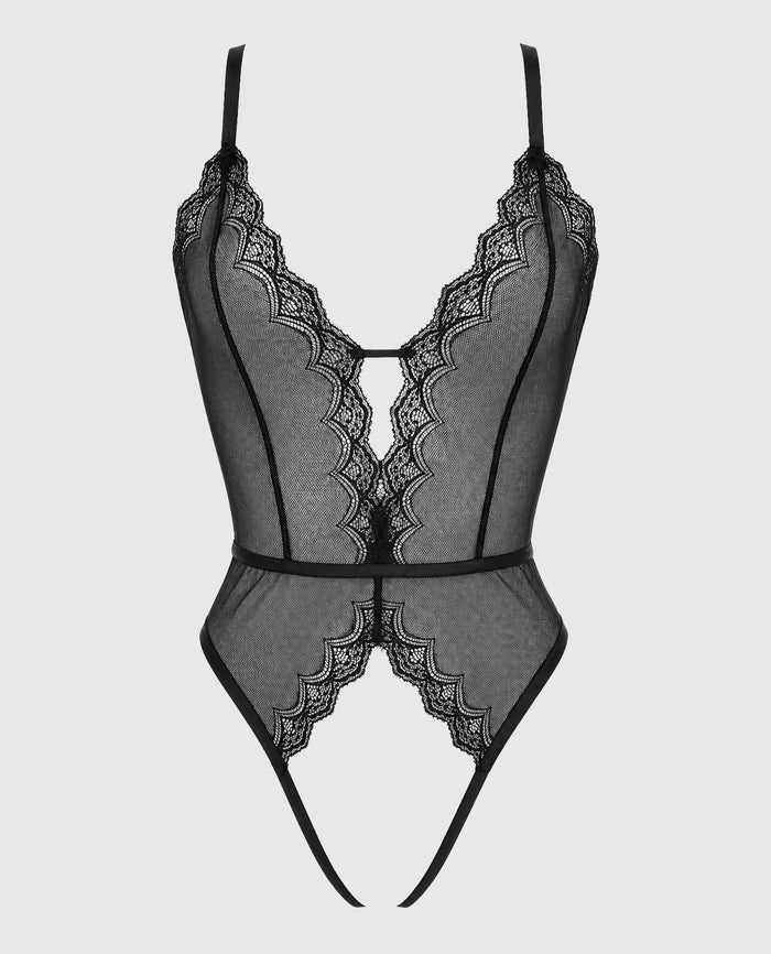 Unlined Bumless Teddy in Exquisite Lace in Tuxedo Black