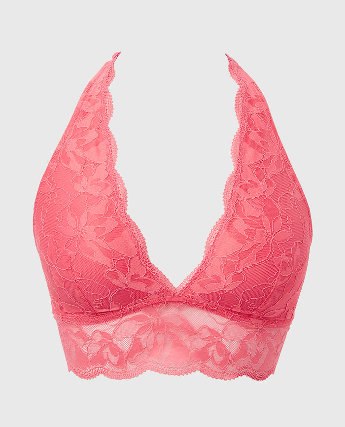 Unlined Halter Bralette with Charmed Lace in Pink Lemonade