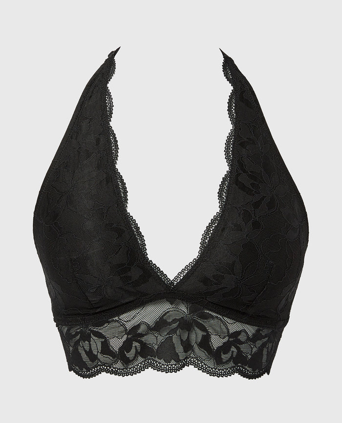 Unlined Halter Bralette with Charmed Lace in Tuxedo Black