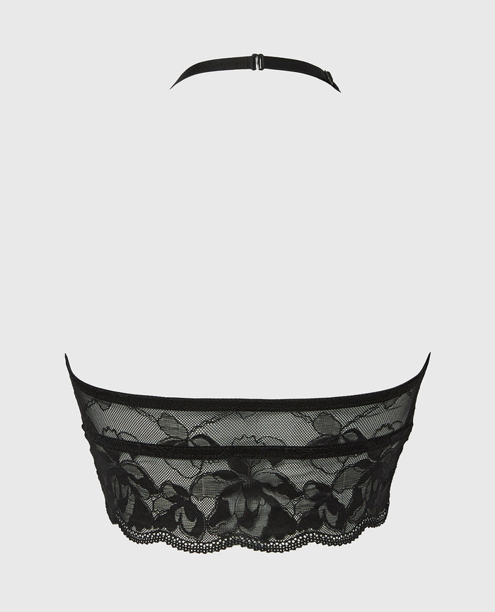 Unlined Halter Bralette with Charmed Lace in Tuxedo Black