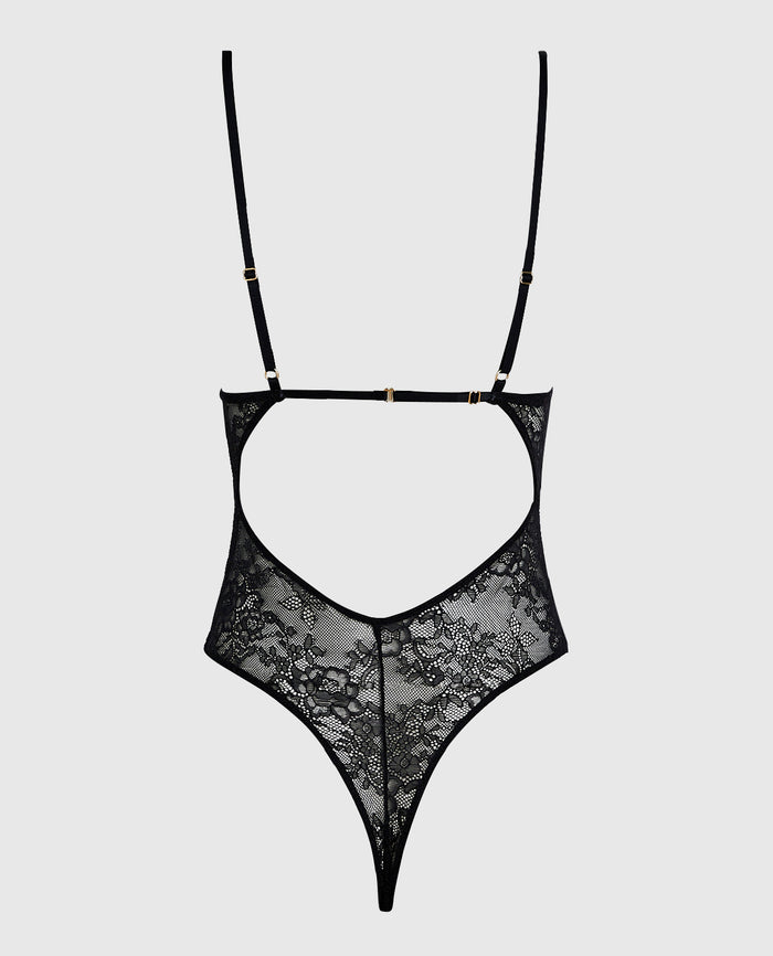 Unlined Lace Bodysuit with Cutout in Black