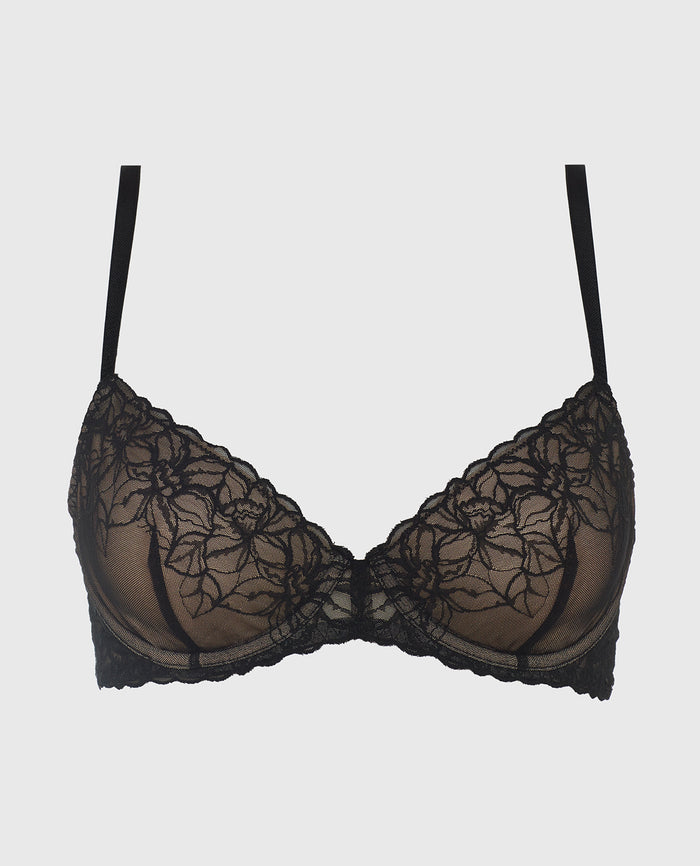 Unlined Lace Demi Bra in Black and Blush