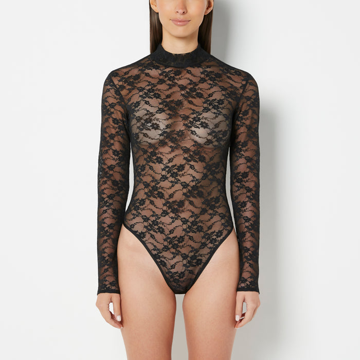 Unlined Long Sleeve Bodysuit with Enchanted Lace in Tuxedo Black