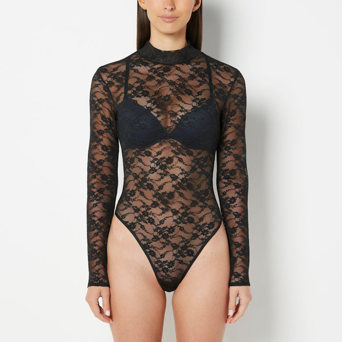 Unlined Long Sleeve Bodysuit with Enchanted Lace in Tuxedo Black