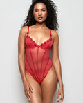 Unlined Mesh Bodysuit with Rosettes in Cosmo Red