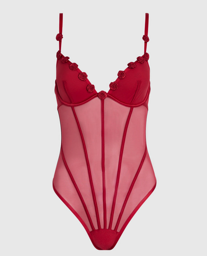 Unlined Mesh Bodysuit with Rosettes in Cosmo Red