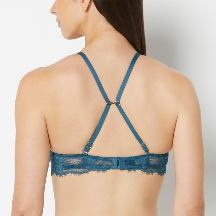 Up 2 Cup Plunge Bra with Bewitched Lace Strap Detail in Legion Blue